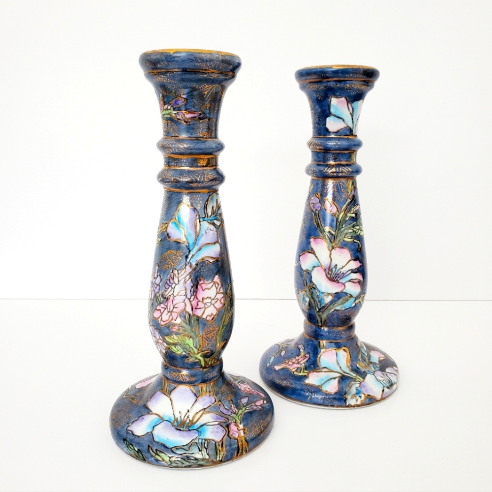 Vintage Cloisonne Style Candle Holders Periwinkle Blue Embossed Floral Gold